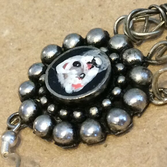 Ferret Earrings Handpainted Danglers Silvertone Metal Long Polecat Pet Artisan - Picture 4 of 12